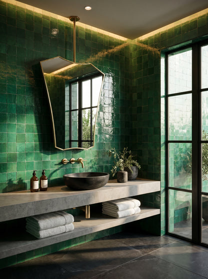 ALT Text: Sculptural suspended brass mirror above a floating concrete vanity with emerald green zellige tiles and a black vessel sink.