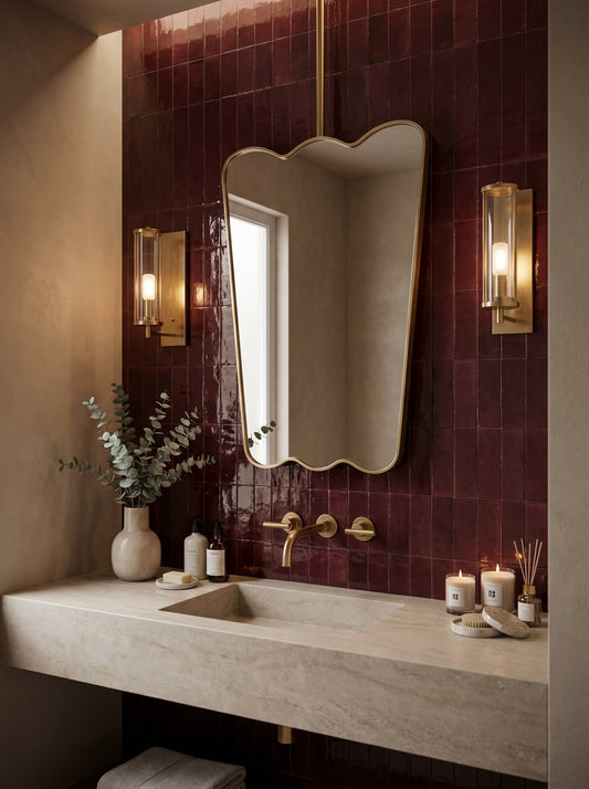 Luxury ceiling-mounted brass mirror with organic contours against glossy burgundy tiles and stone vanity.