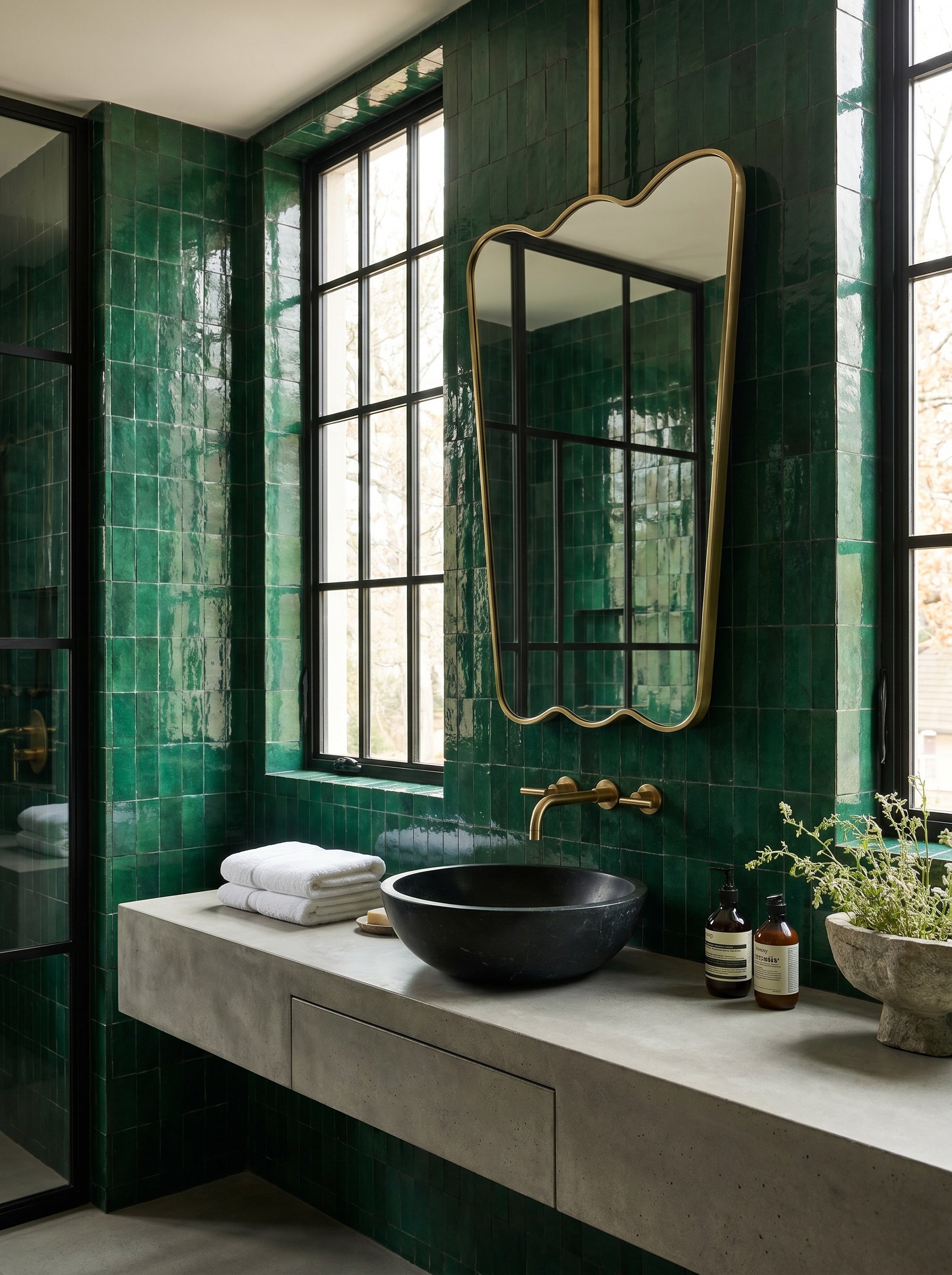 Suspended brass mirror with sculptural wavy silhouette above a floating vanity in a green tiled bathroom.