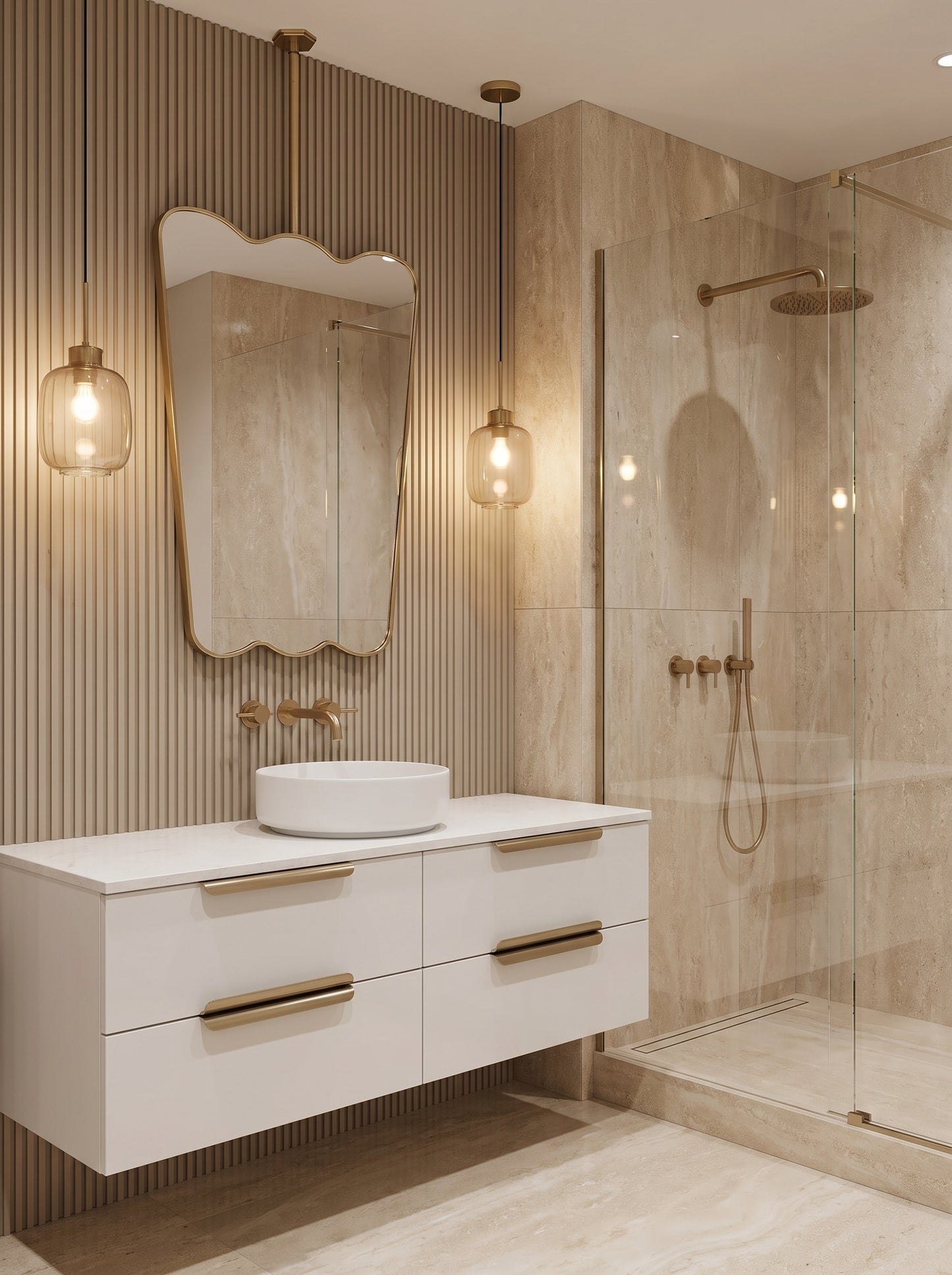 Ceiling mounted scalloped brass mirror above a modern floating vanity.