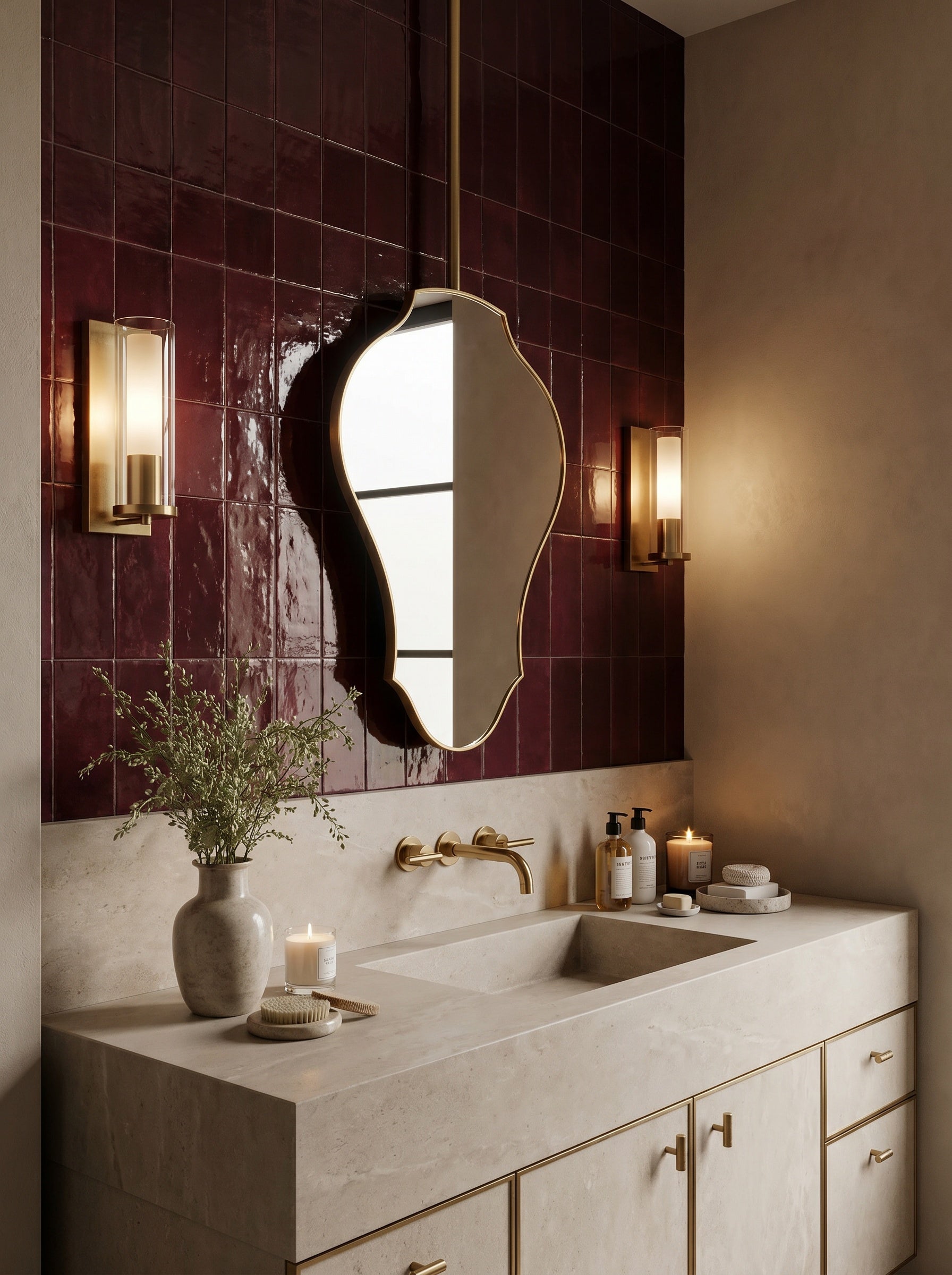 Sculptural brass mirror mounted above a stone vanity with burgundy tiled walls.