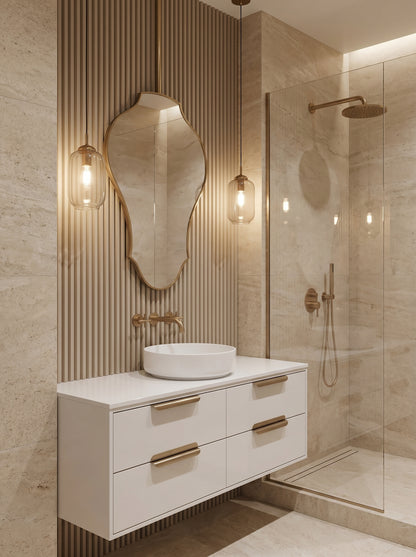 Contemporary hanging brass mirror in a luxury bathroom with fluted wall panels.