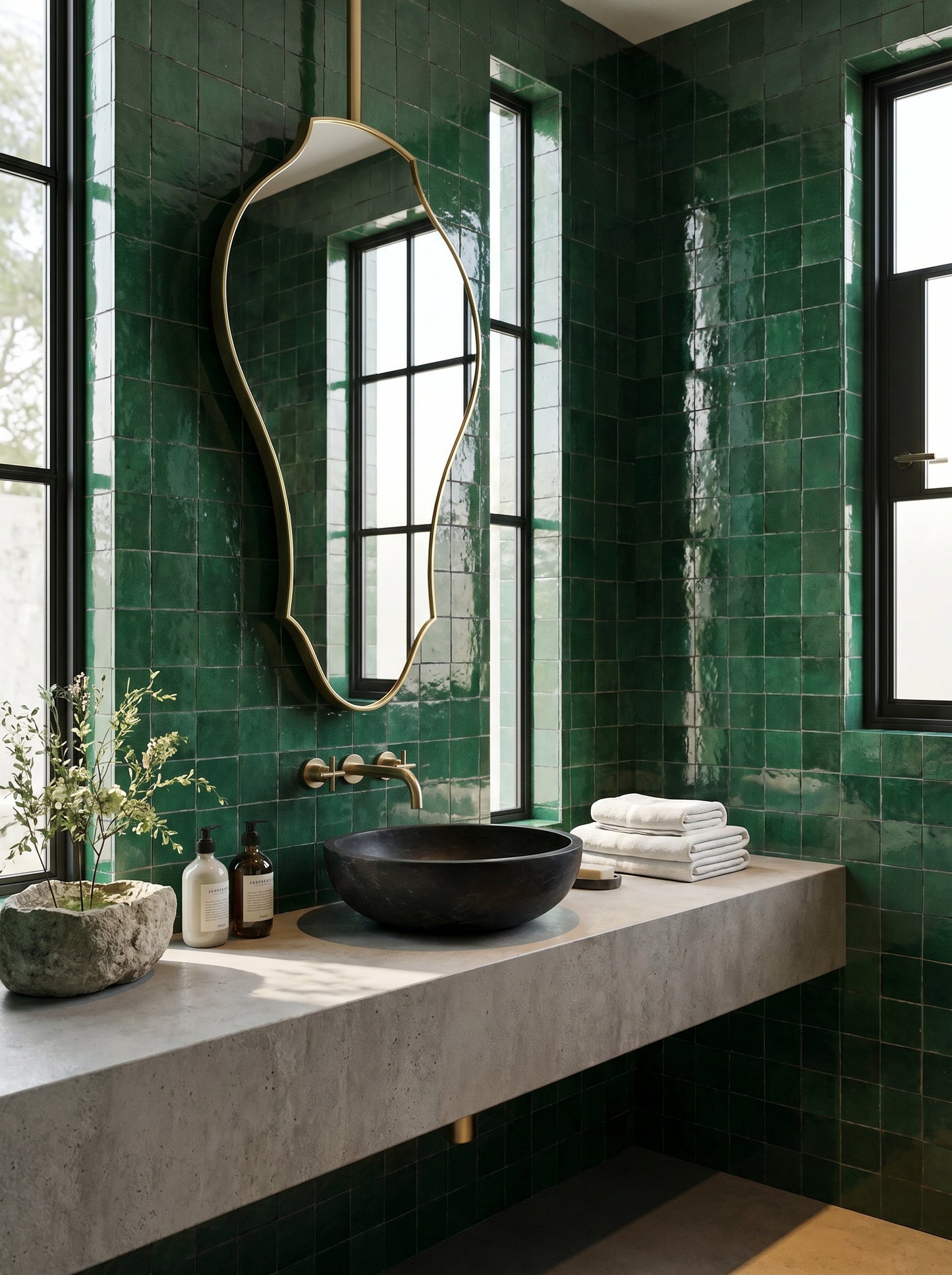 Handmade brass mirror suspended above a floating vanity in a green tiled bathroom.