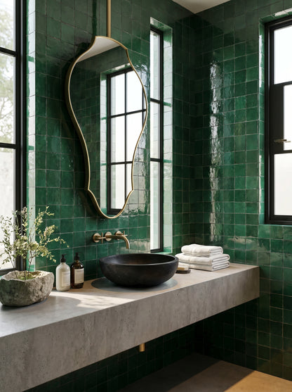 Handmade brass mirror suspended above a floating vanity in a green tiled bathroom.