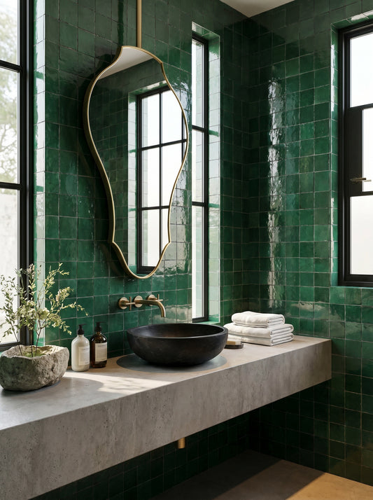 Handmade brass mirror suspended above a floating vanity in a green tiled bathroom.