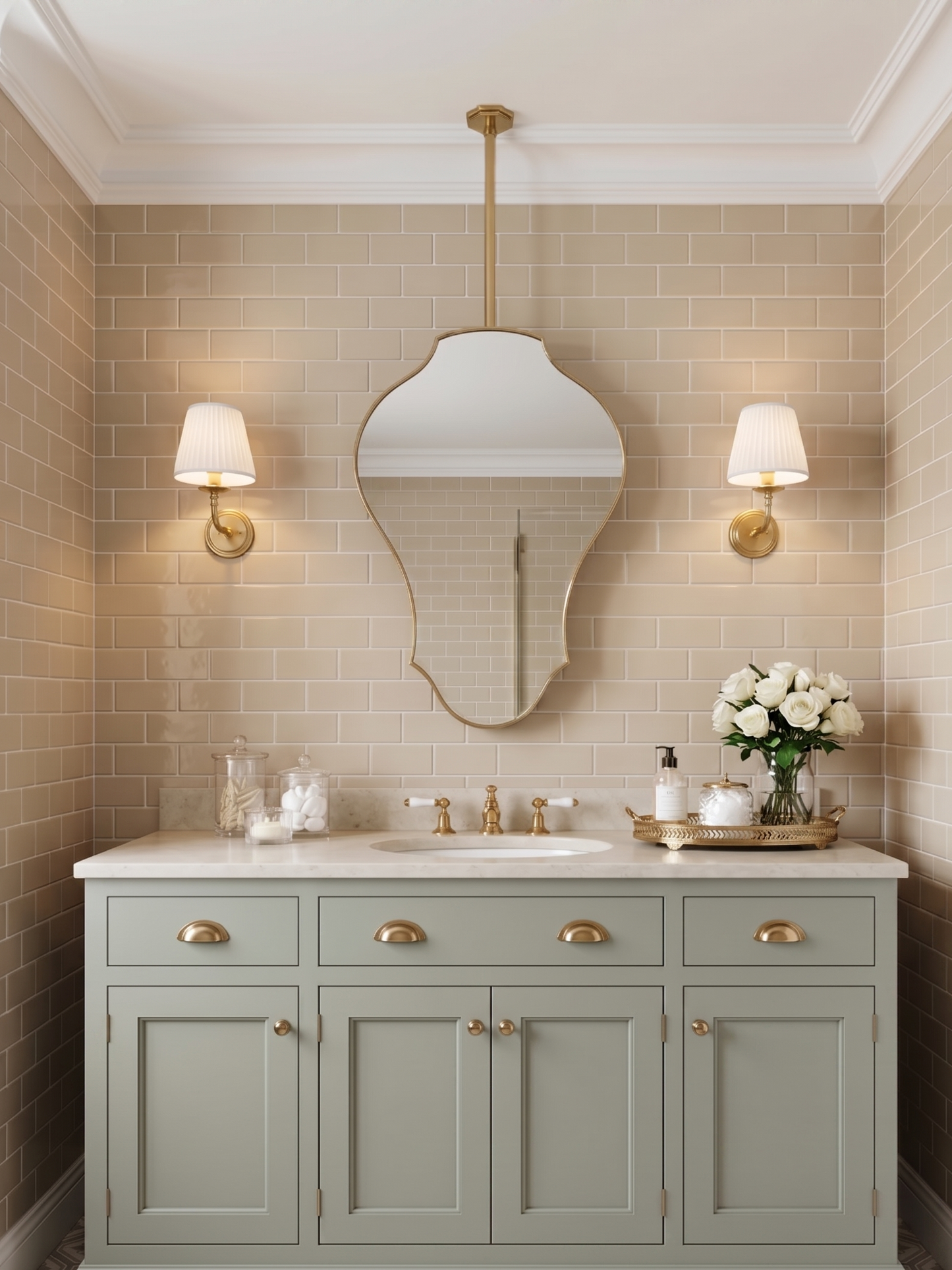 Ceiling-hung brass mirror above a sage green vanity with classic brass fixtures.