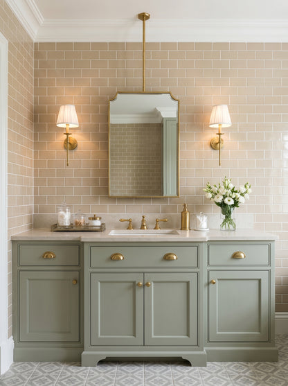 Suspended rectangular brass mirror above a sage green vanity with brass fixtures and beige subway tile bathroom walls.