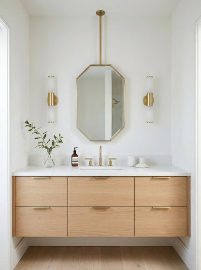 Modern octagonal brass ceiling mirror in minimalist white bathroom