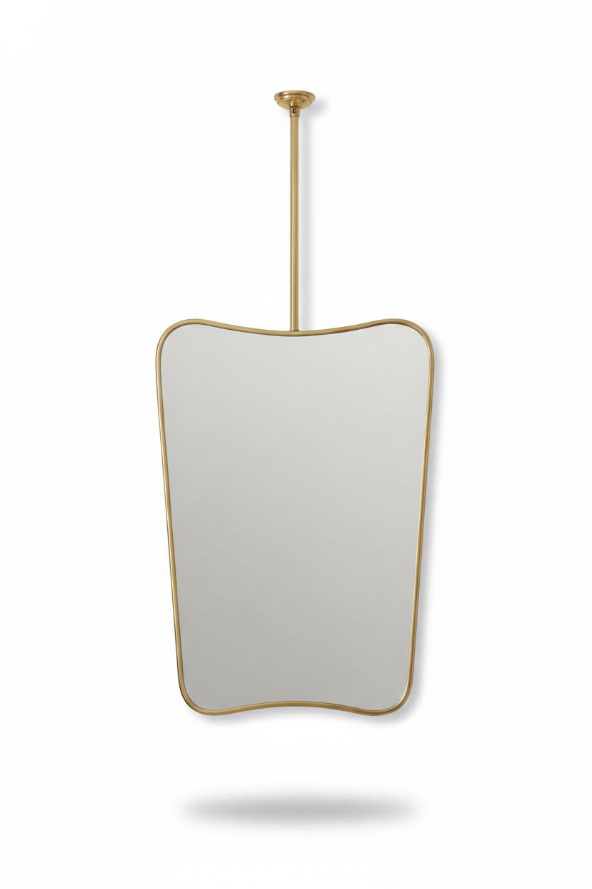 Suspended butterfly brass mirror hanging from ceiling with curved frame