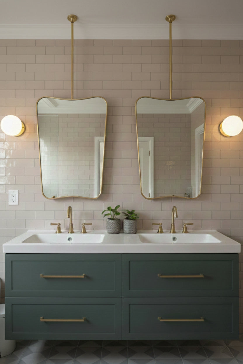 Double bathroom vanity with two suspended butterfly brass mirrors