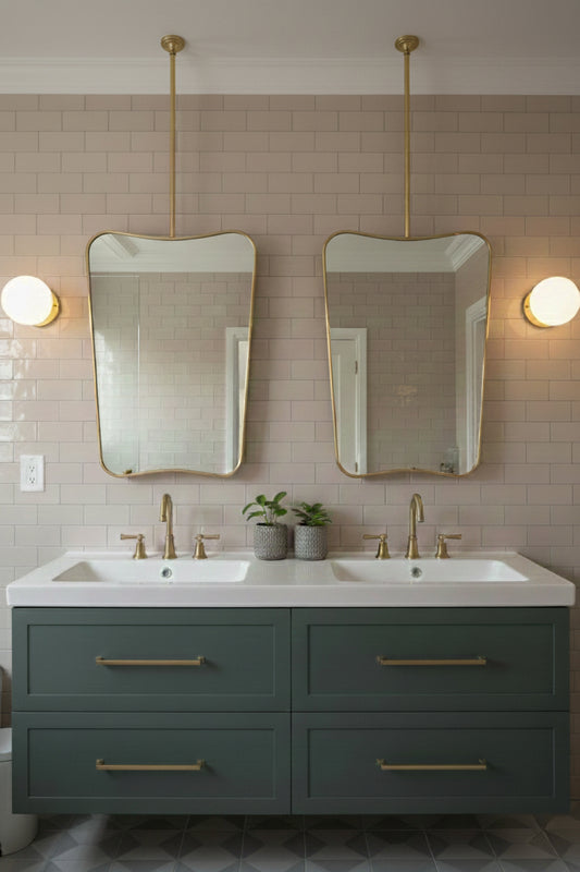 Double bathroom vanity with two suspended butterfly brass mirrors