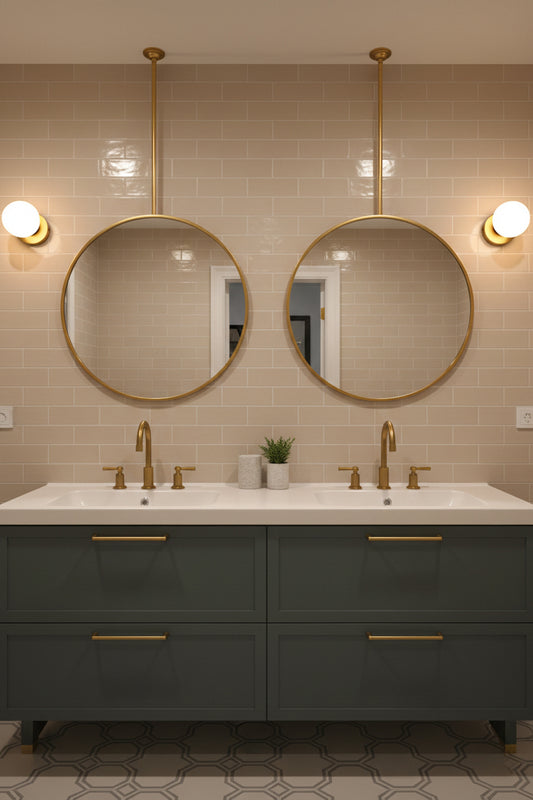 Double vanity with two suspended round brass mirrors and brass fixtures