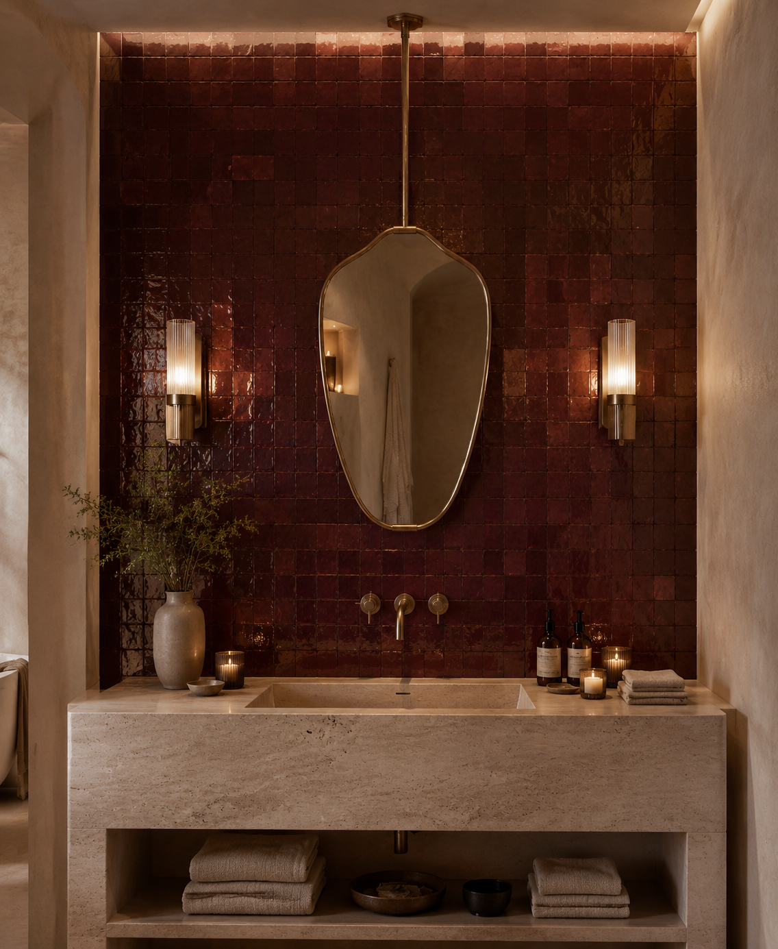A luxury bathroom vanity featuring a textured, dark reddish-brown mosaic tile backsplash, a large organic-shaped wall mirror, and a stone sink console with folded towels and candles.