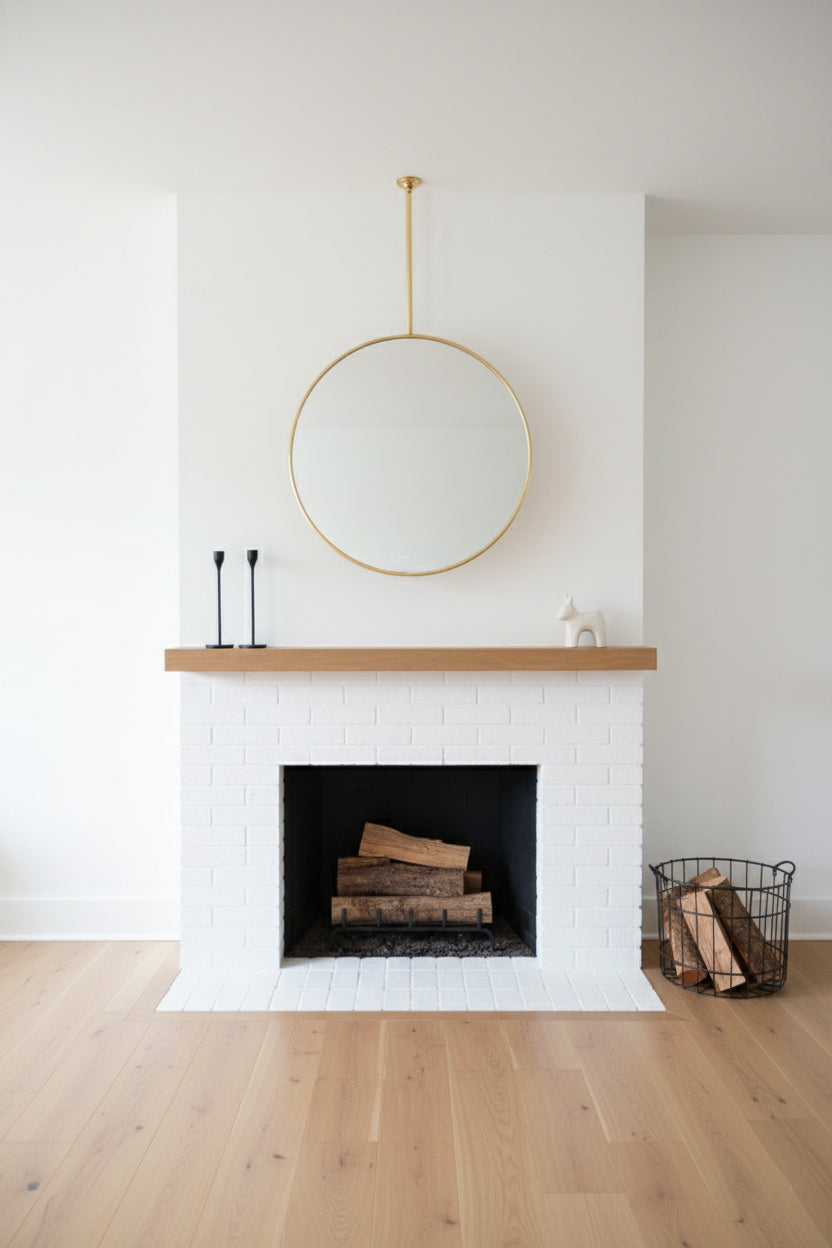 Round suspended brass mirror above a white brick fireplace