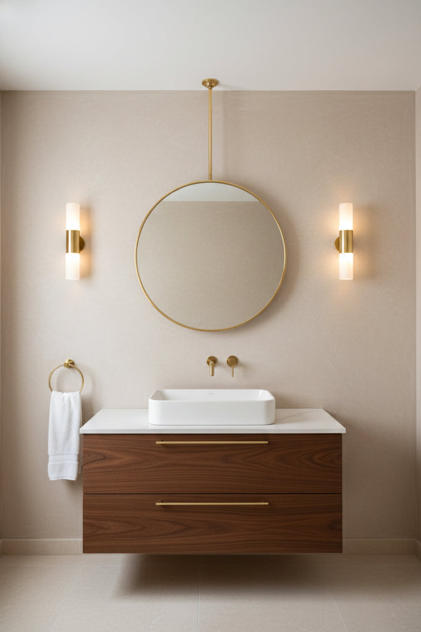 Suspended round brass mirror above a modern vanity with sconces