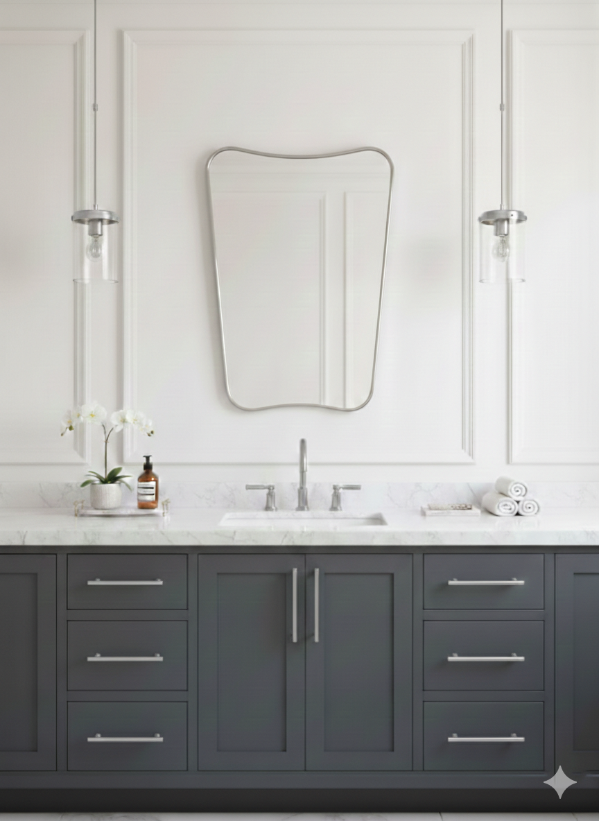 Silver irregular wall mirror above gray bathroom vanity.