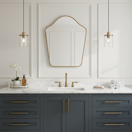 Arched top wall mirror over marble sink with classic wall paneling