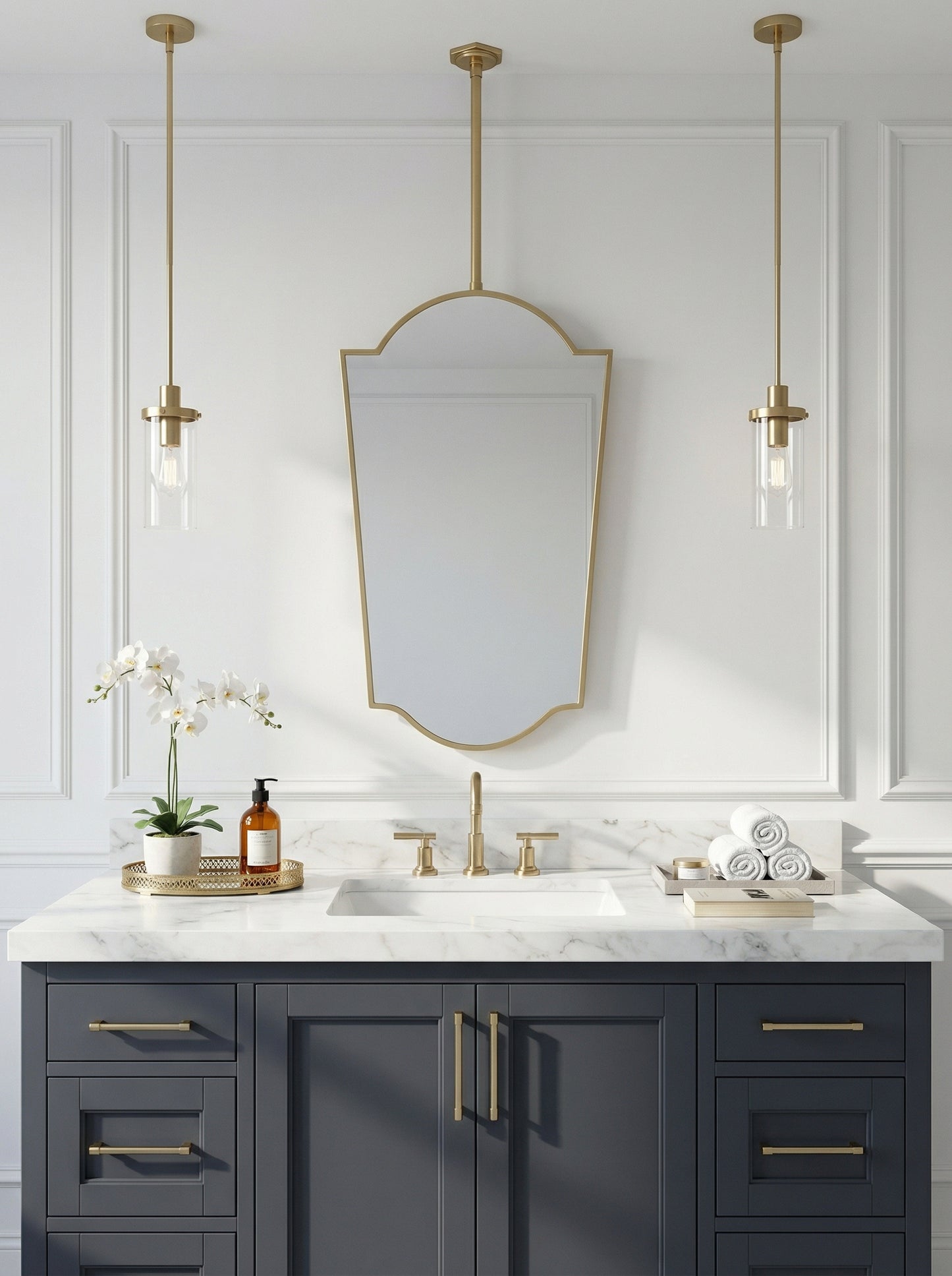 Suspended brass crown mirror with double pendant lighting