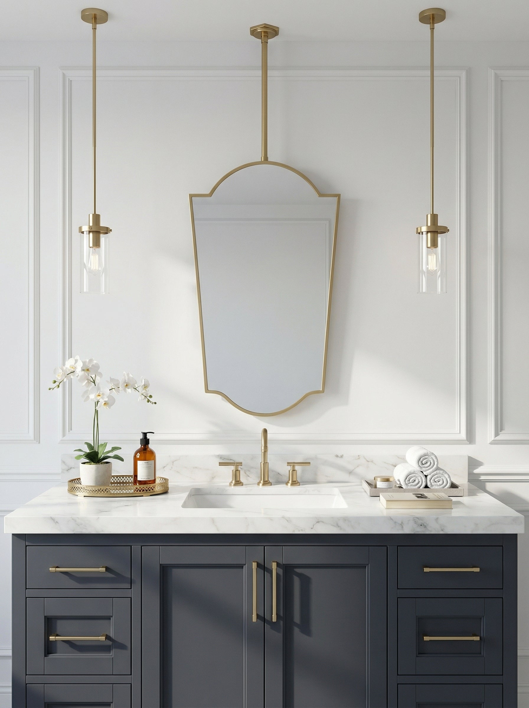 Suspended brass crown mirror with double pendant lighting