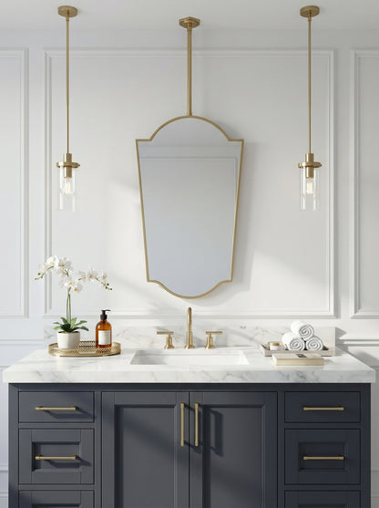 Suspended brass crown mirror with double pendant lighting