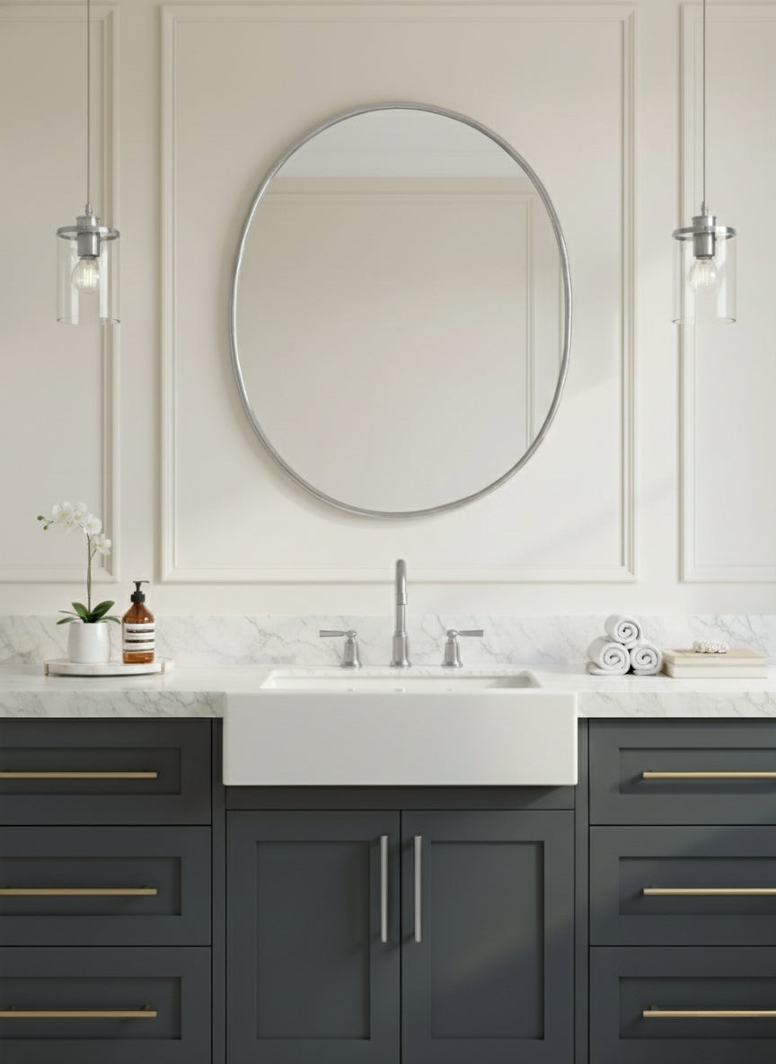 Silver brass oval mirror above gray vanity with marble countertop.