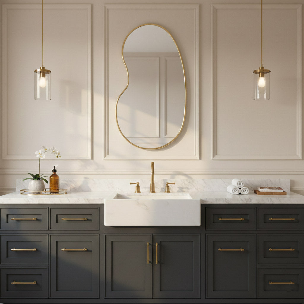 Brass kidney mirror above gray vanity.