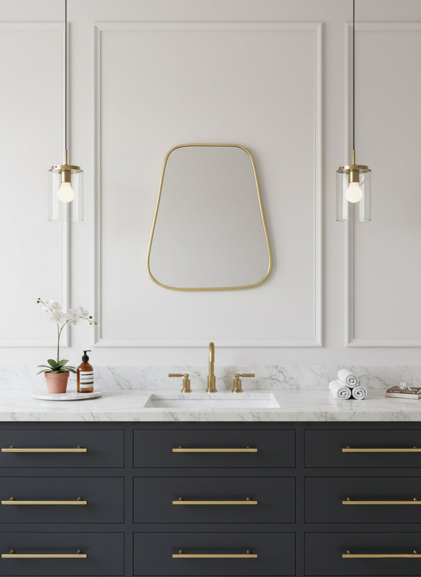 Triangle brass mirror above double vanity with marble countertop