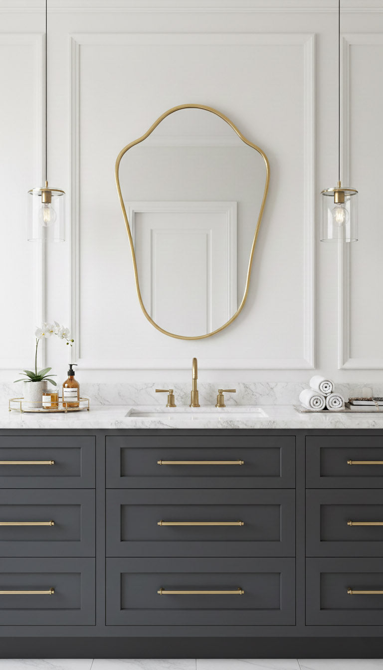 Shield brass mirror above marble vanity in modern bathroom