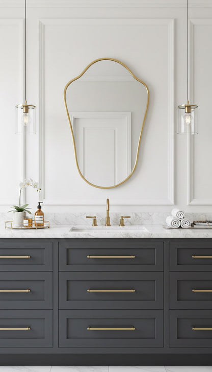 Shield brass mirror above marble vanity in modern bathroom