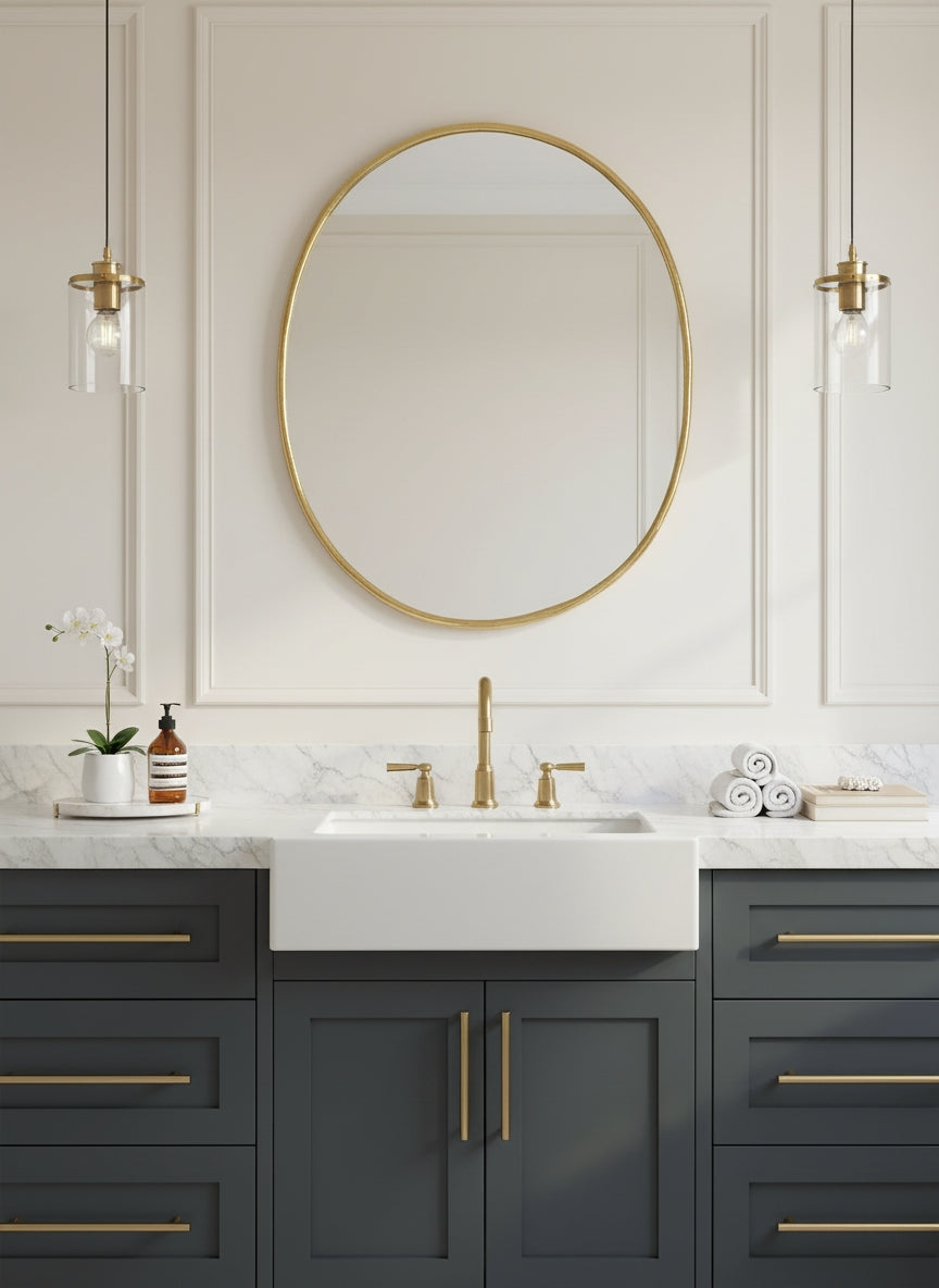Oval brass mirror above a contemporary bathroom vanity