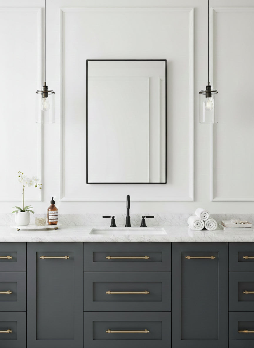 Modern black rectangular bathroom mirror over gray vanity with brass handles.