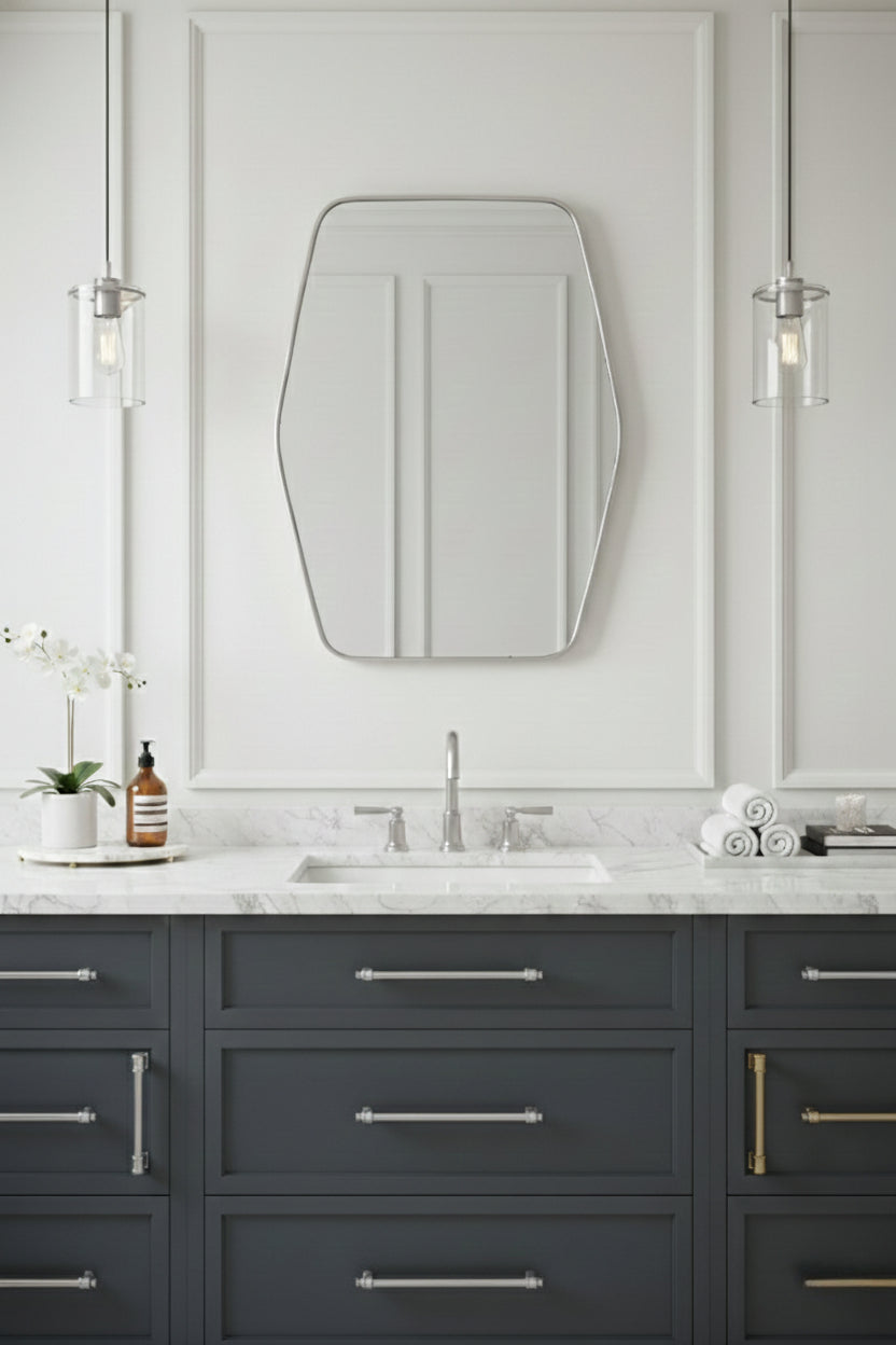 Hexagonal brass mirror above white marble bathroom vanity.