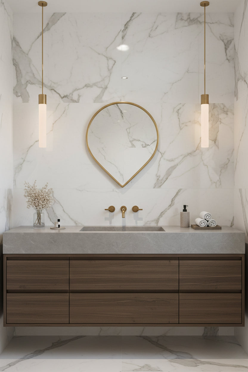Teardrop brass mirror above wood vanity with marble wall