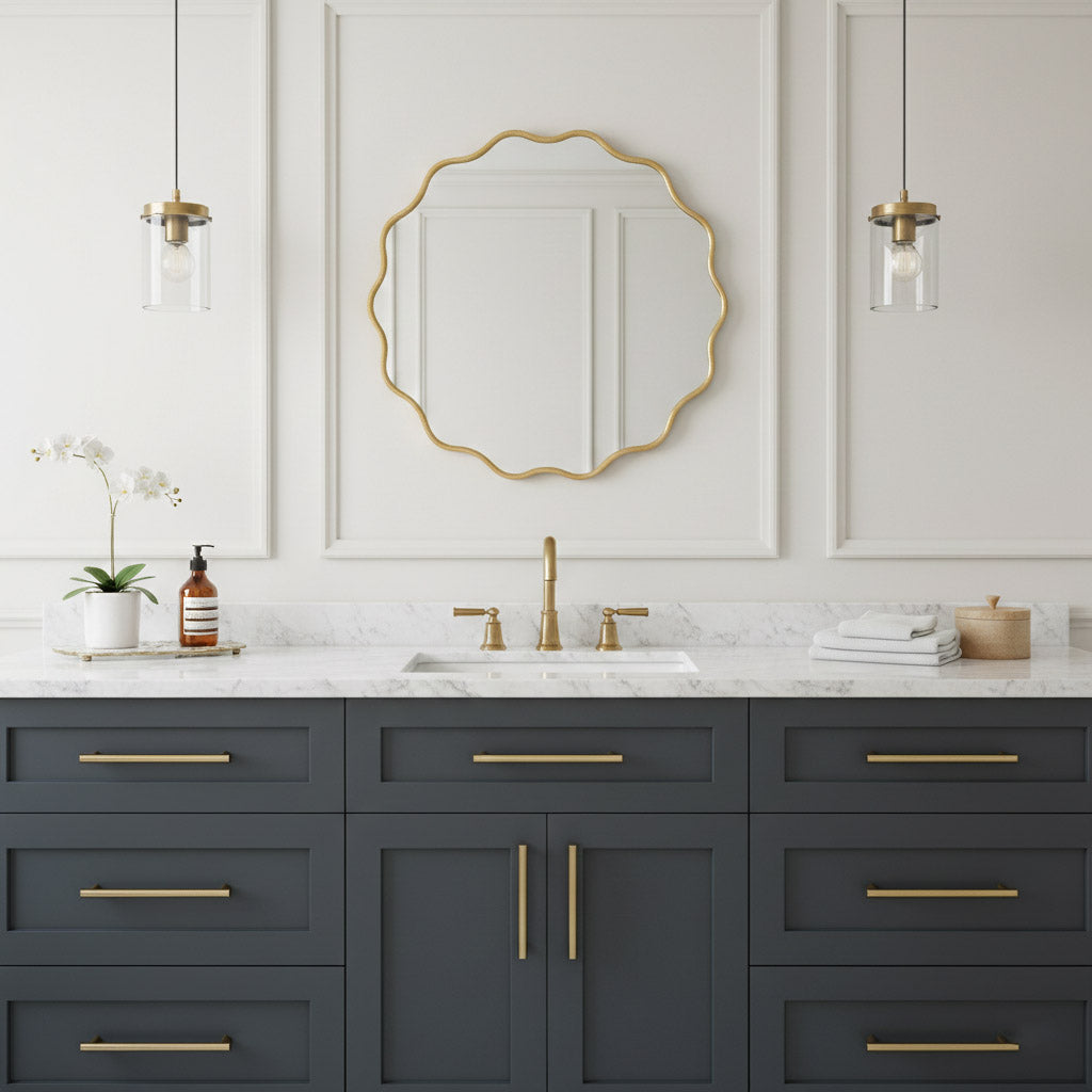 Round wavy gold mirror over gray vanity in elegant white bathroom.