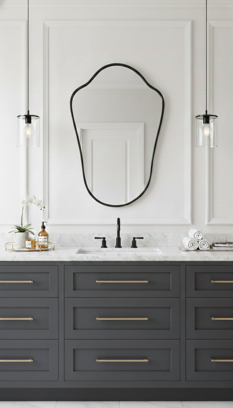 Black shield mirror above double sink bathroom vanity