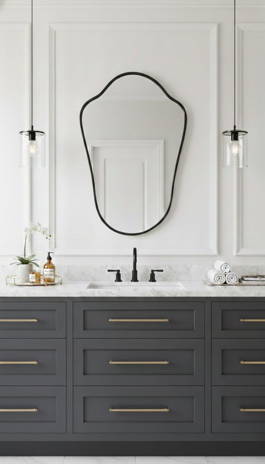Black shield mirror above double sink bathroom vanity