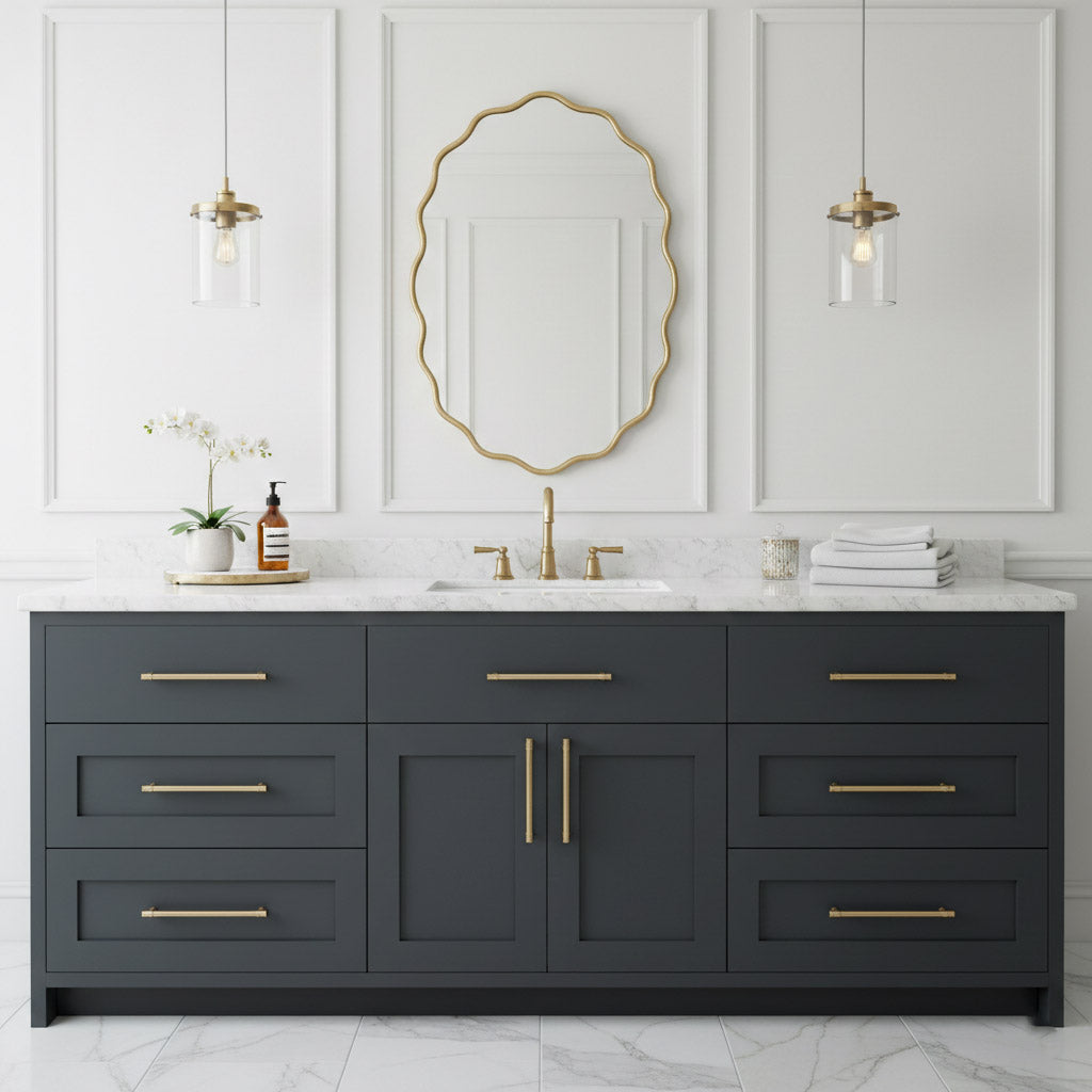 Oval wavy brass wall mirror above gray vanity in elegant bathroom.