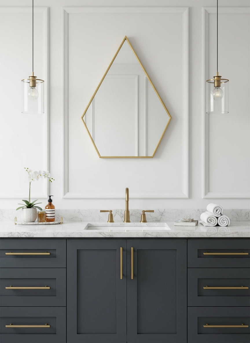 Geometric brass mirror above classic bathroom vanity