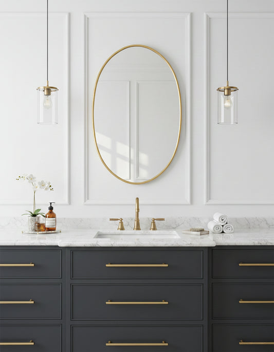Oval brass mirror above bathroom vanity
