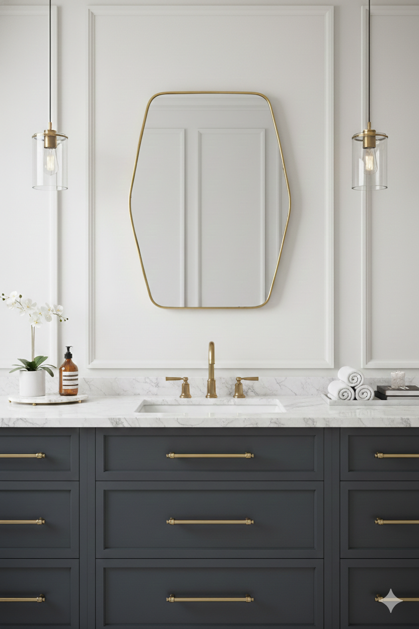 Hexagonal brass mirror with white marble vanity and gold fixtures