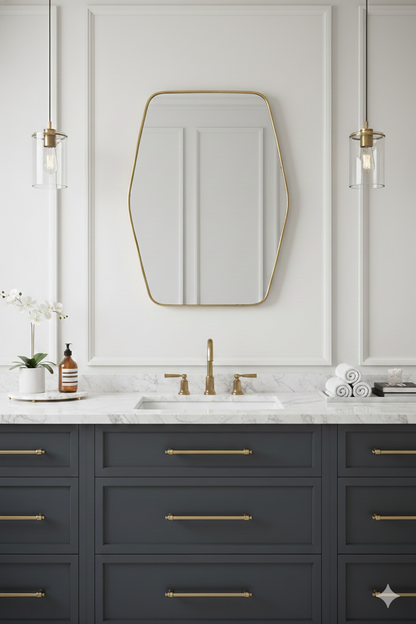 Hexagonal brass mirror with white marble vanity and gold fixtures