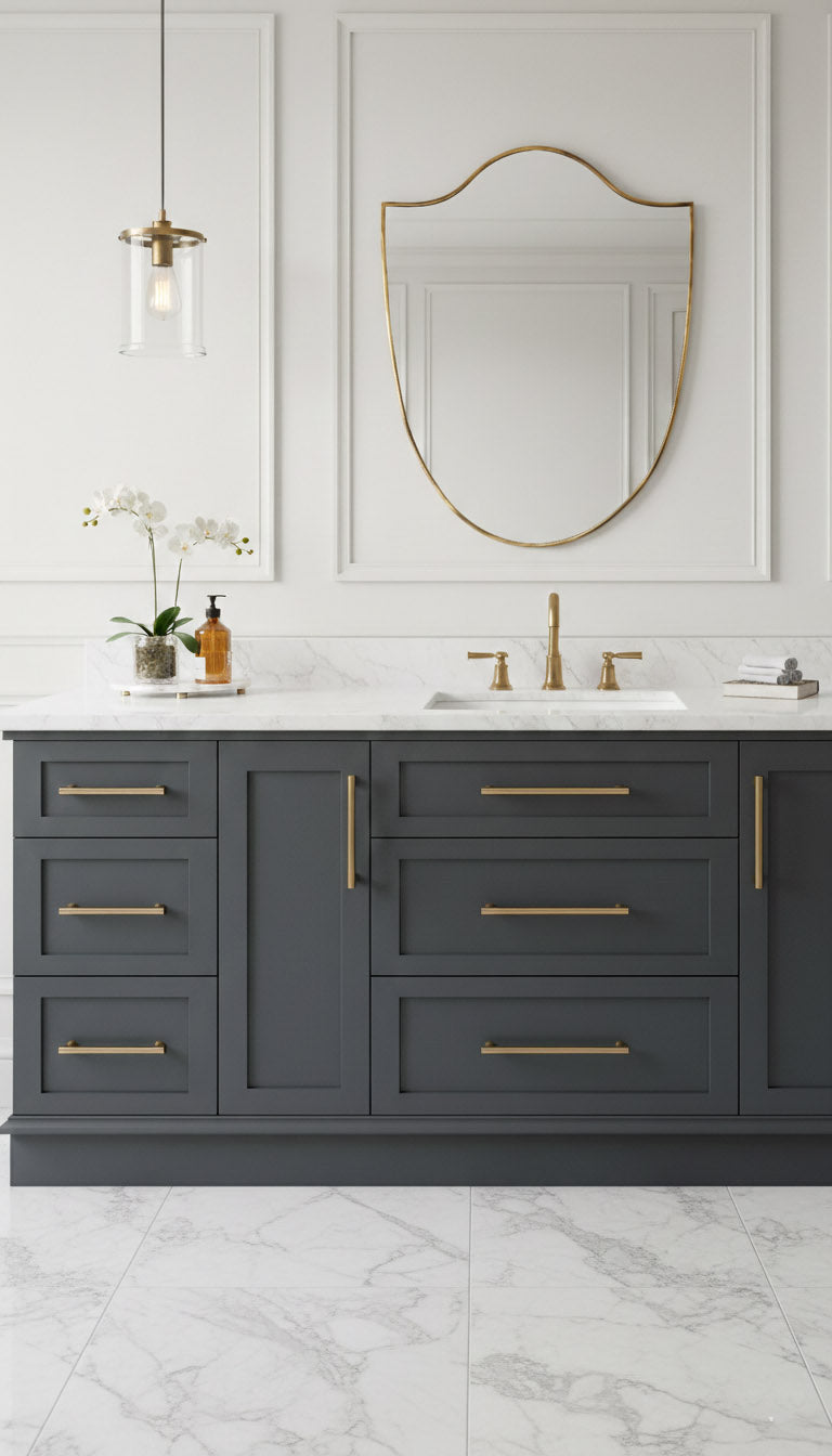 Italian brass mirror above gray vanity with gold hardware