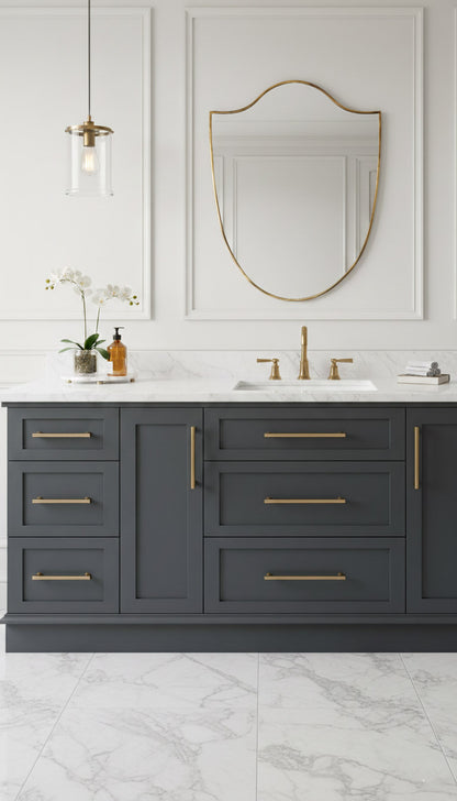Italian brass mirror above gray vanity with gold hardware