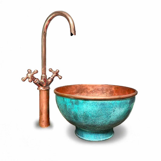 Engraved Oxidized Copper Bathroom Sink with Copper Faucet