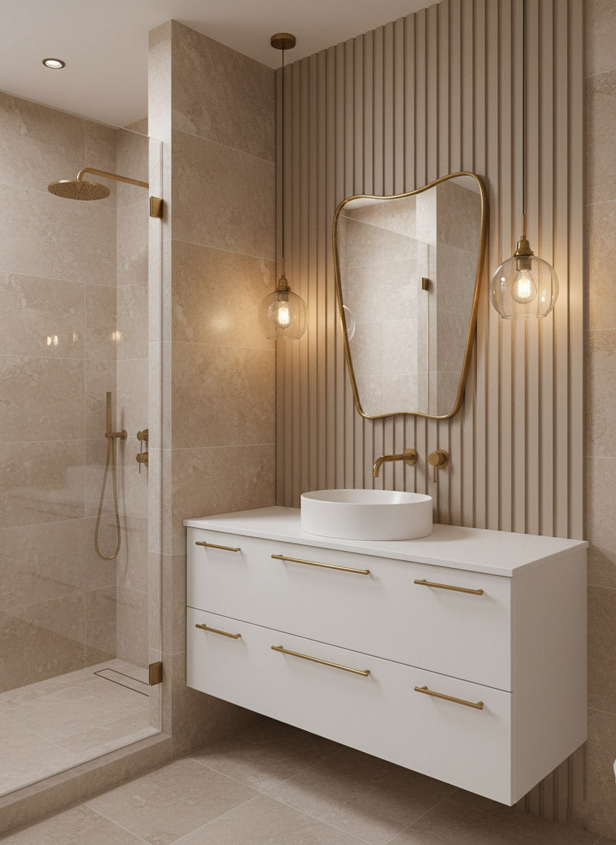 Italian curved brass mirror above white floating vanity with gold fixtures