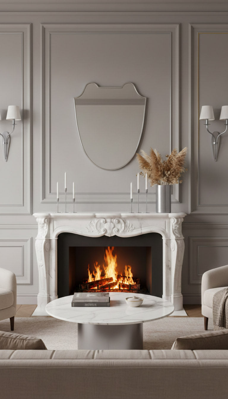 Silver shield brass mirror mounted over fireplace mantel in elegant living room.