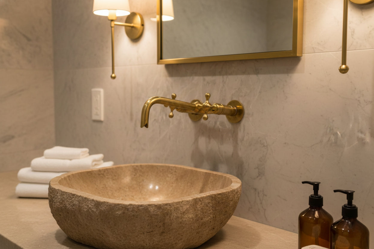 Vintage brass wall faucet over natural stone bowl sink with marble wall.