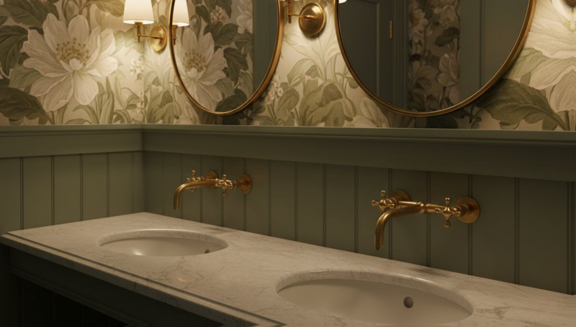 Double brass wall faucets with marble countertop and round mirrors.