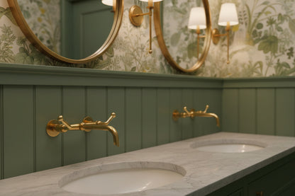 Double brass wall faucets with marble countertop and round mirrors.