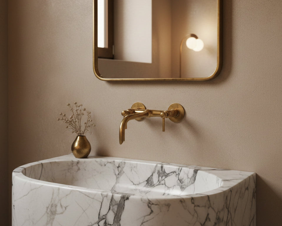 Wall-mounted brass faucet above marble sink with brass mirror.